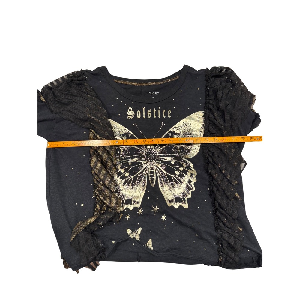 Pilcro Anthropologie Solstice Butterfly Graphic Tee Ruffle Lace Sleeve Black M - Picture 7 of 7